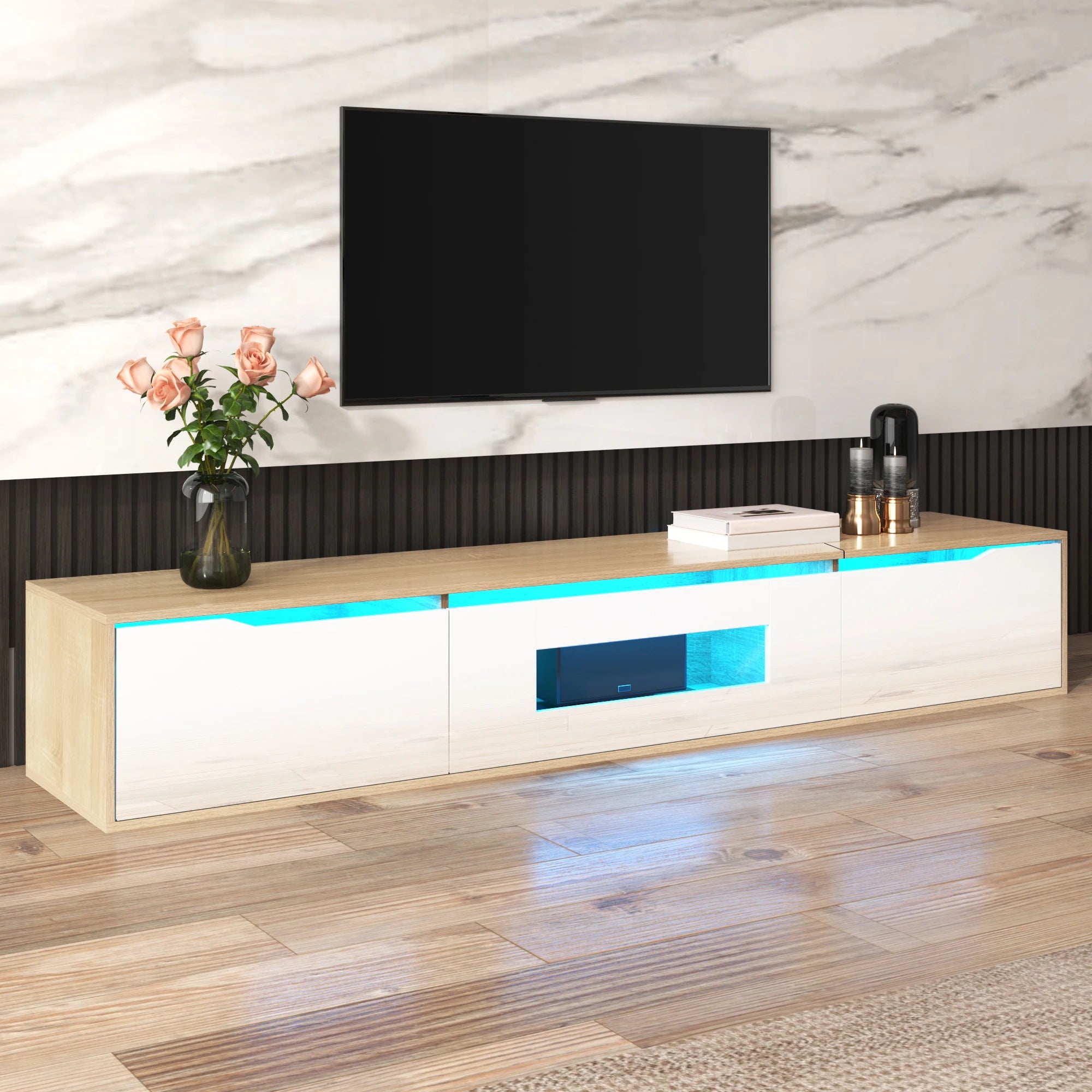 High-Gloss TV Cabinet 180×35×30cm with Color-Changing LED Lighting, Wall-Mountable TV Storage Unit for Modern Living Rooms