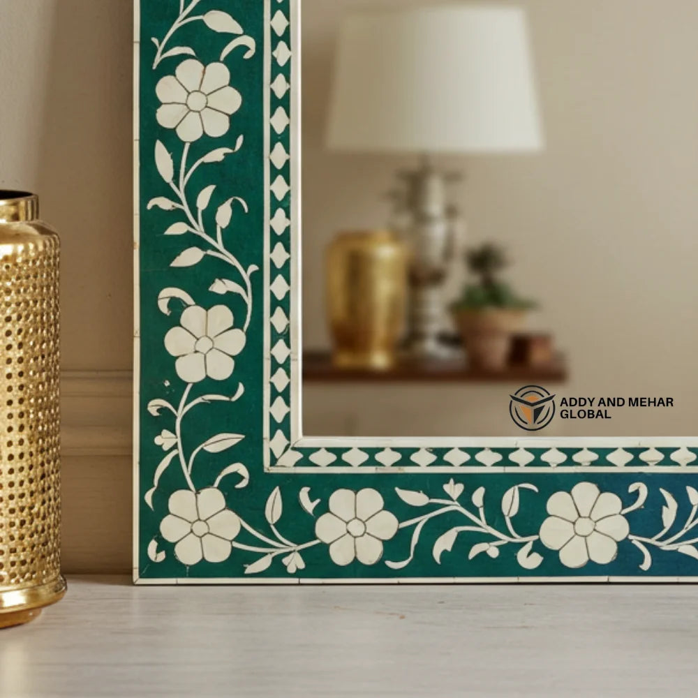Handmade Art Deco Green Bone Inlay Square Wall Mirror with Floral Design Wedding Decor for Home