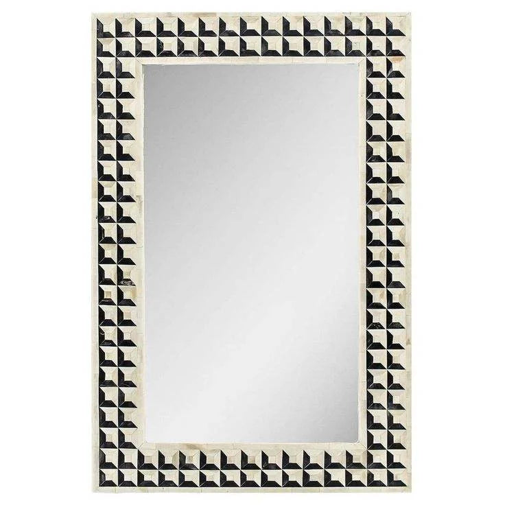 Premium Handmade Bone Inlay Modern Art Deco Lighted Plug-Powered Mirror Frame Black White Lightweight Rectangular Wall Hanging