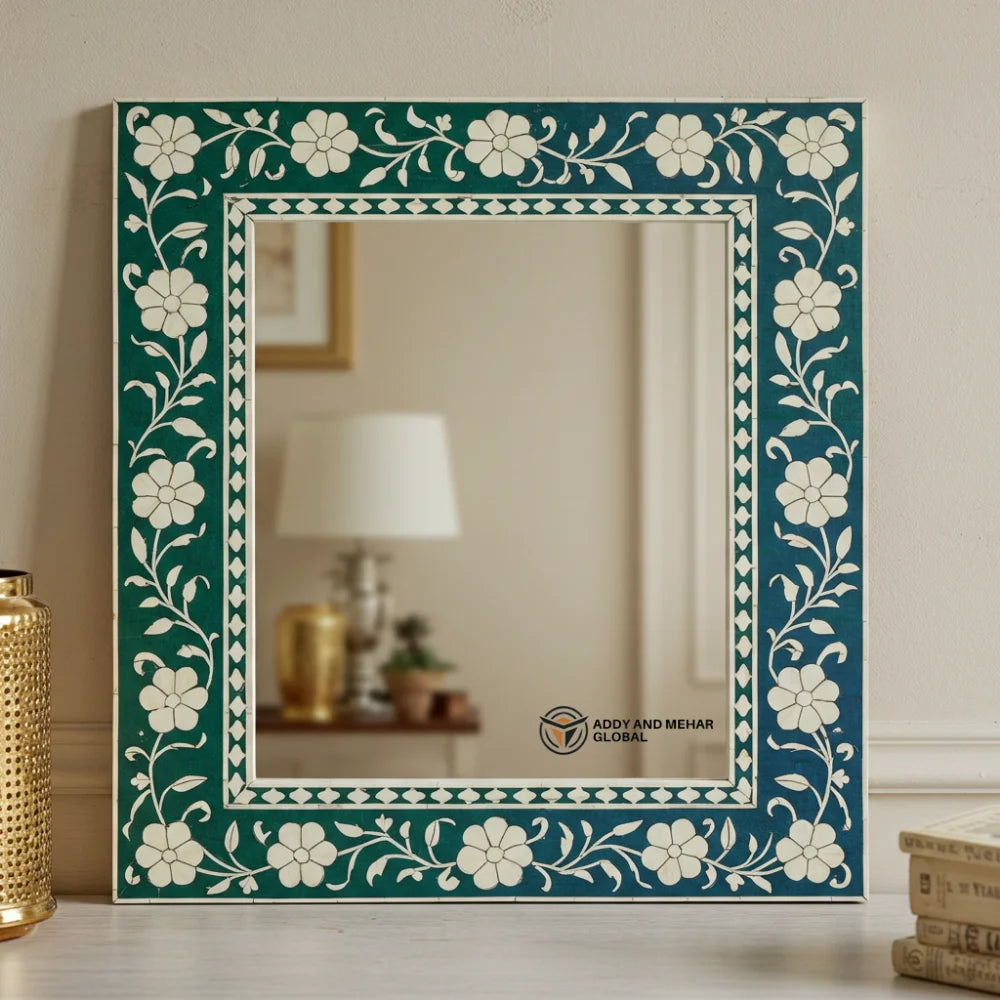 Handmade Art Deco Green Bone Inlay Square Wall Mirror with Floral Design Wedding Decor for Home