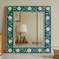 Handmade Art Deco Green Bone Inlay Square Wall Mirror with Floral Design Wedding Decor for Home