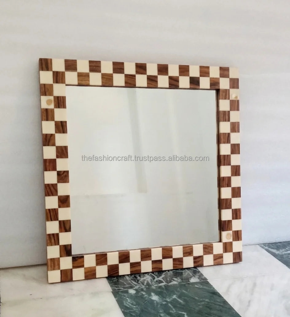 Premium Handmade Custom Chess Design Modern Eco-Friendly Polished Wedding Square Wood/Resin 18x18 Inch Mirror Wall Art Home