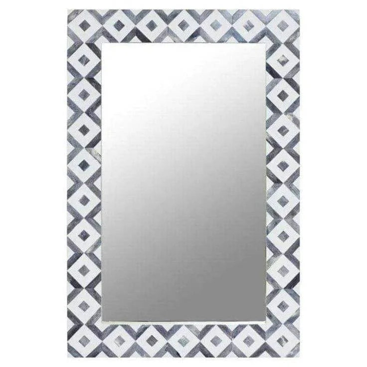 Premium Handmade Bone Inlay Modern Art Deco Lighted Plug-Powered Mirror Frame Black White Lightweight Rectangular Wall Hanging