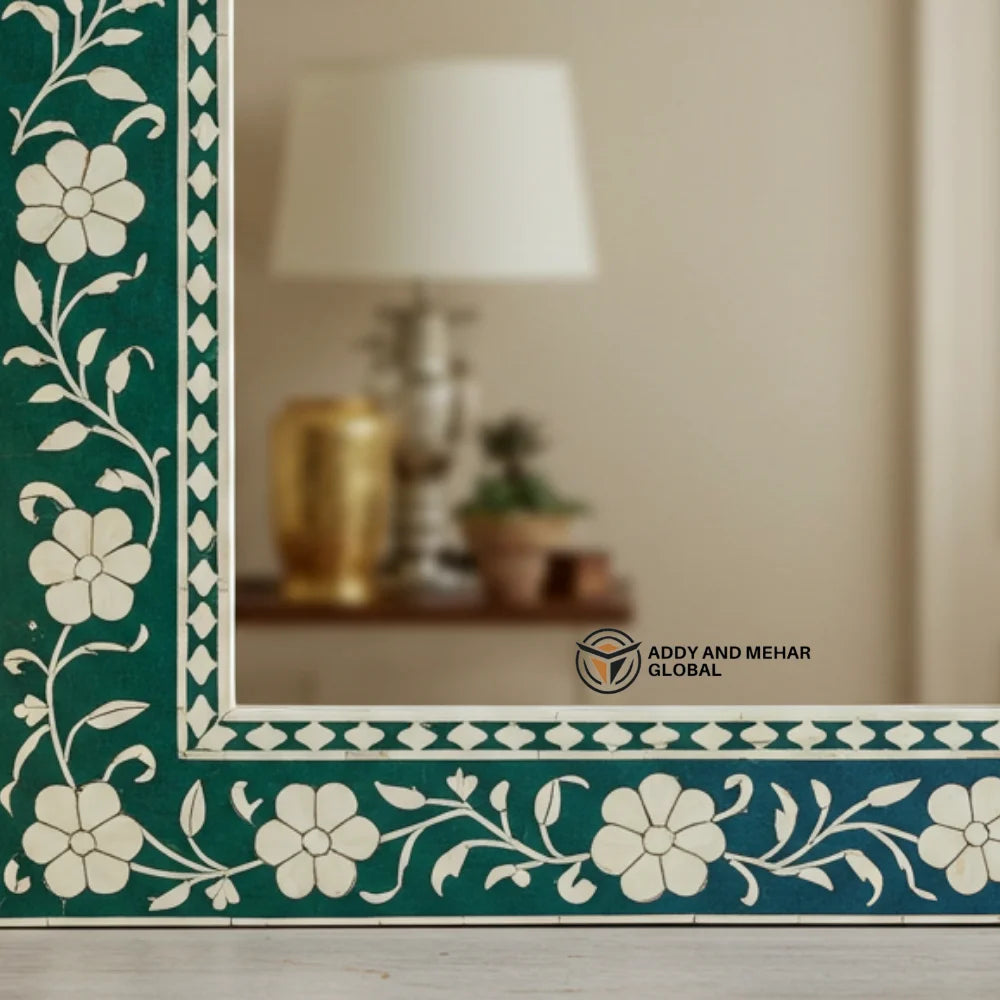 Handmade Art Deco Green Bone Inlay Square Wall Mirror with Floral Design Wedding Decor for Home