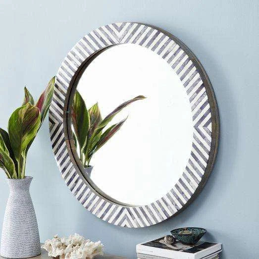 CRESCENT CRAFTS Modern Indian Art Deco Bone Inlay Design Rectangular Lighted Framed Plug-Powered 4.0mm Thick Home Wall Mirror