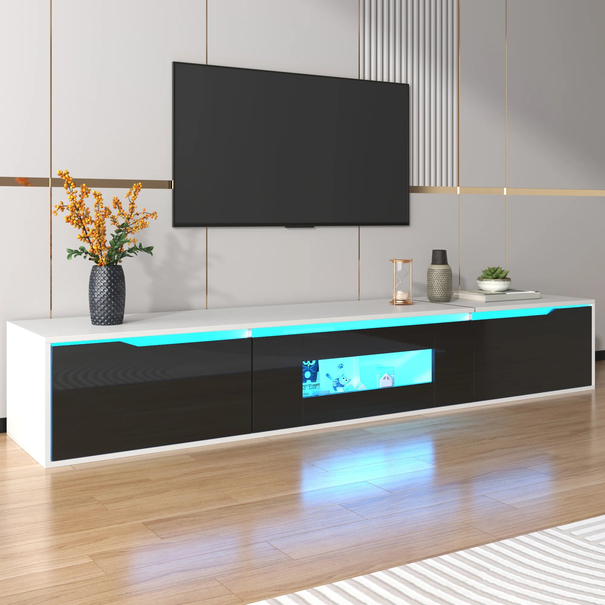 High-Gloss TV Cabinet 180×35×30cm with Color-Changing LED Lighting, Wall-Mountable TV Storage Unit for Modern Living Rooms