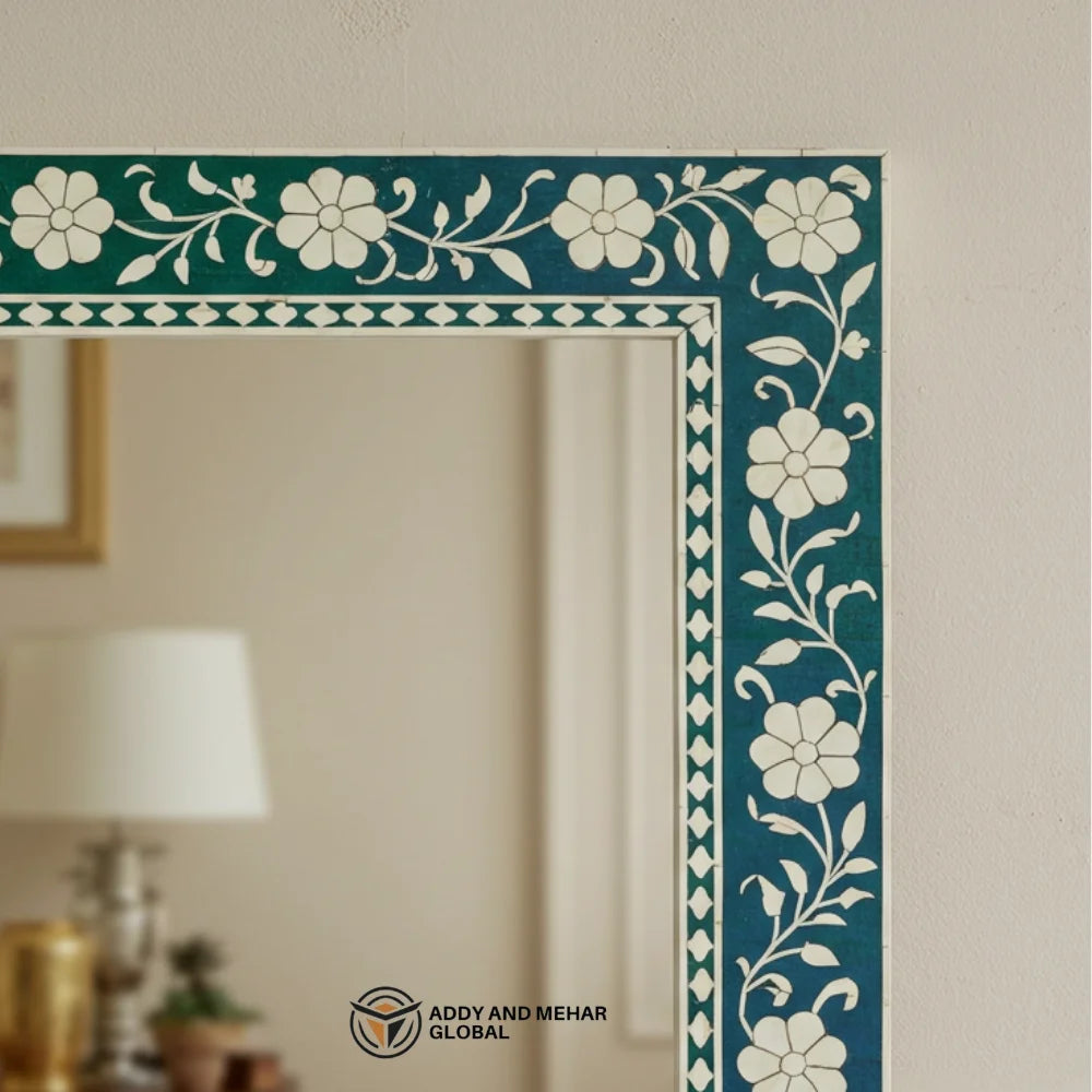 Handmade Art Deco Green Bone Inlay Square Wall Mirror with Floral Design Wedding Decor for Home