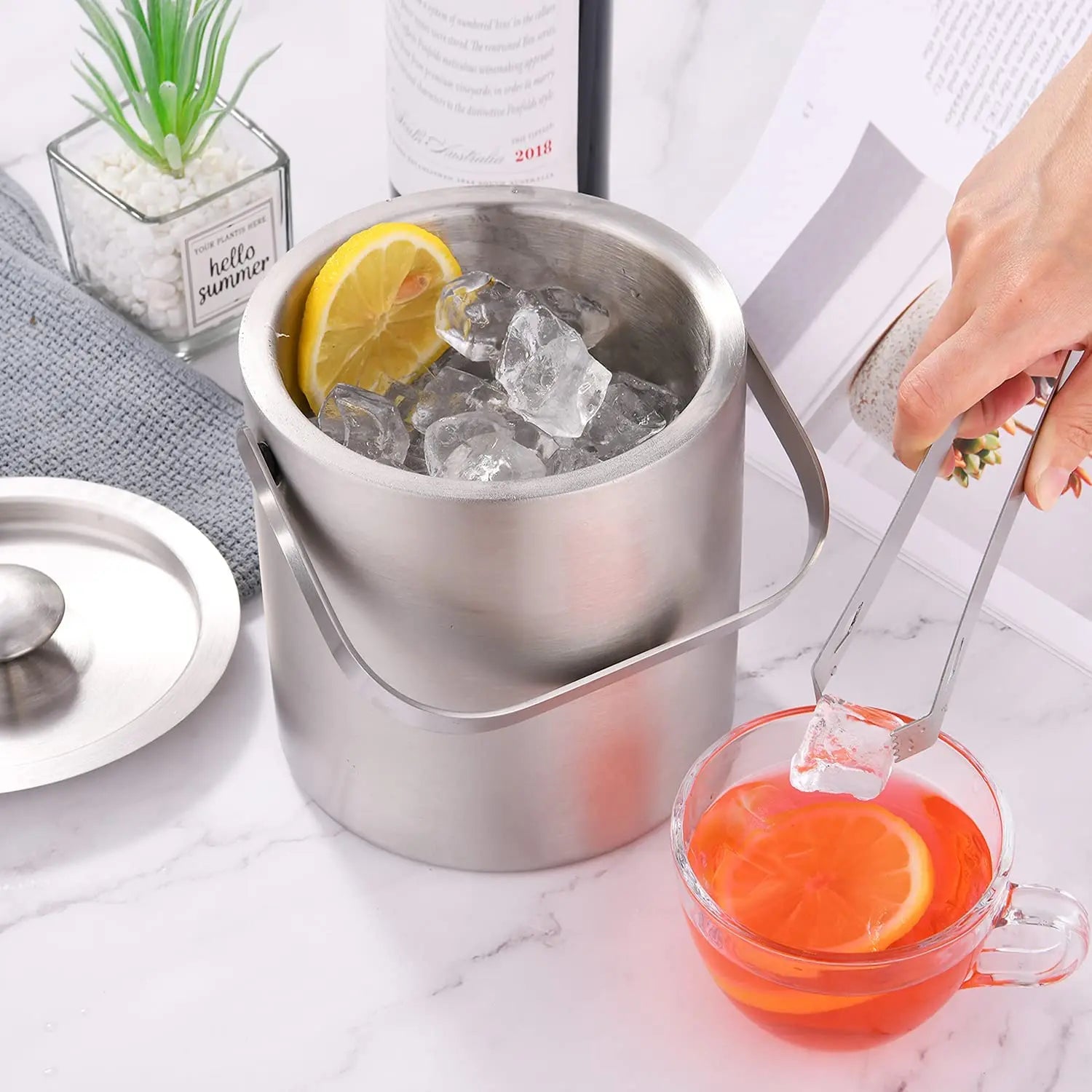 1L Double-Wall Stainless Steel Insulated Ice Bucket with Lid Keeps Ice Cold and Dry Home Bar Chilling Beer Champagne Wine Bottle