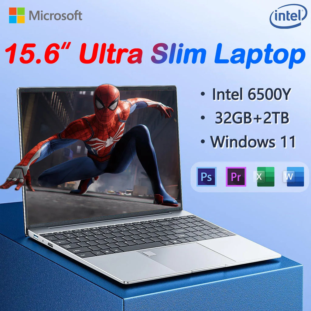 Lightweight 15.6" Laptop Intel 6500Y 32GB RAM 2TB SSD 5000mAh Windows 11 Backlit Keyboard Fingerprint for Business & Gaming