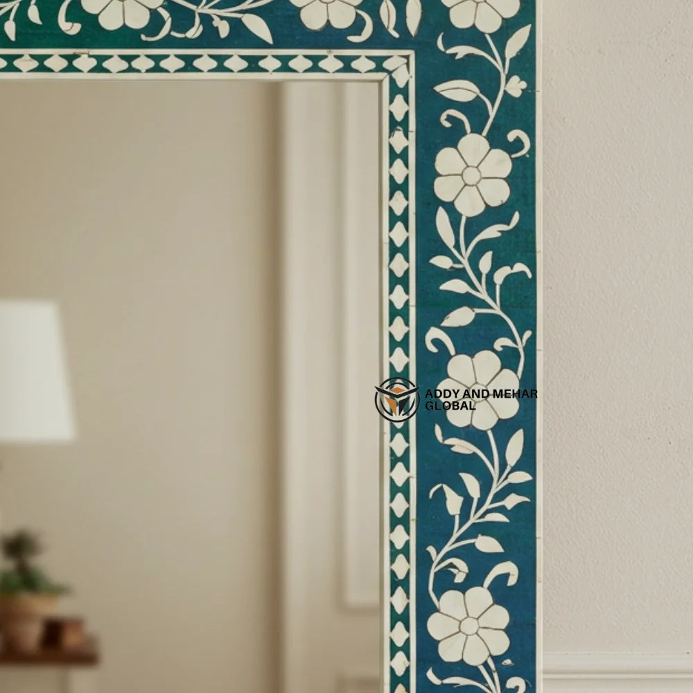 Handmade Art Deco Green Bone Inlay Square Wall Mirror with Floral Design Wedding Decor for Home