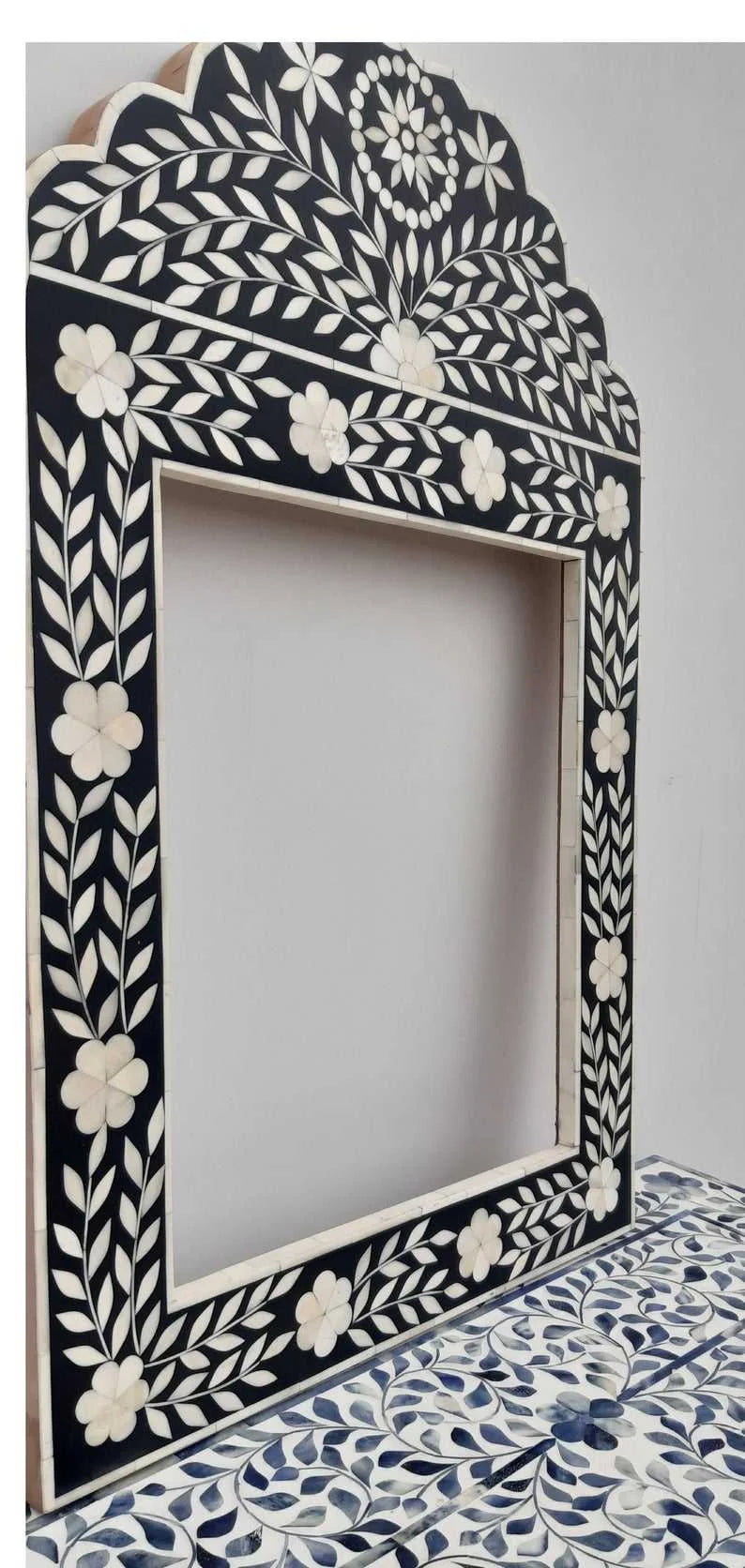 Handmade Ivory Color Bone Inlay Frameless Lighted Art Deco Wall Mirror for Office Use Economically Priced From India
