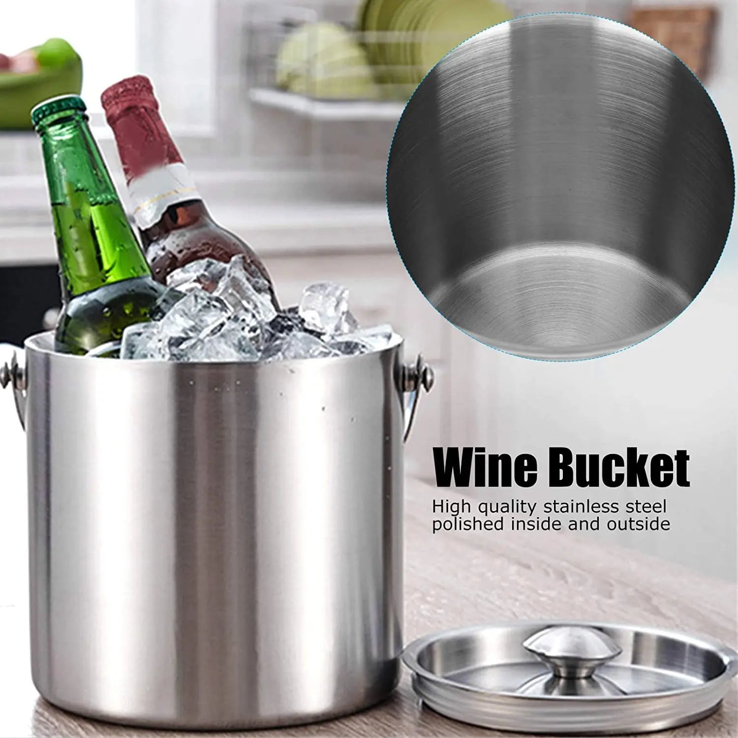 1L Double-Wall Stainless Steel Insulated Ice Bucket with Lid Keeps Ice Cold and Dry Home Bar Chilling Beer Champagne Wine Bottle
