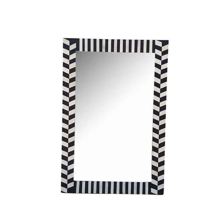 Premium Handmade Bone Inlay Modern Art Deco Lighted Plug-Powered Mirror Frame Black White Lightweight Rectangular Wall Hanging