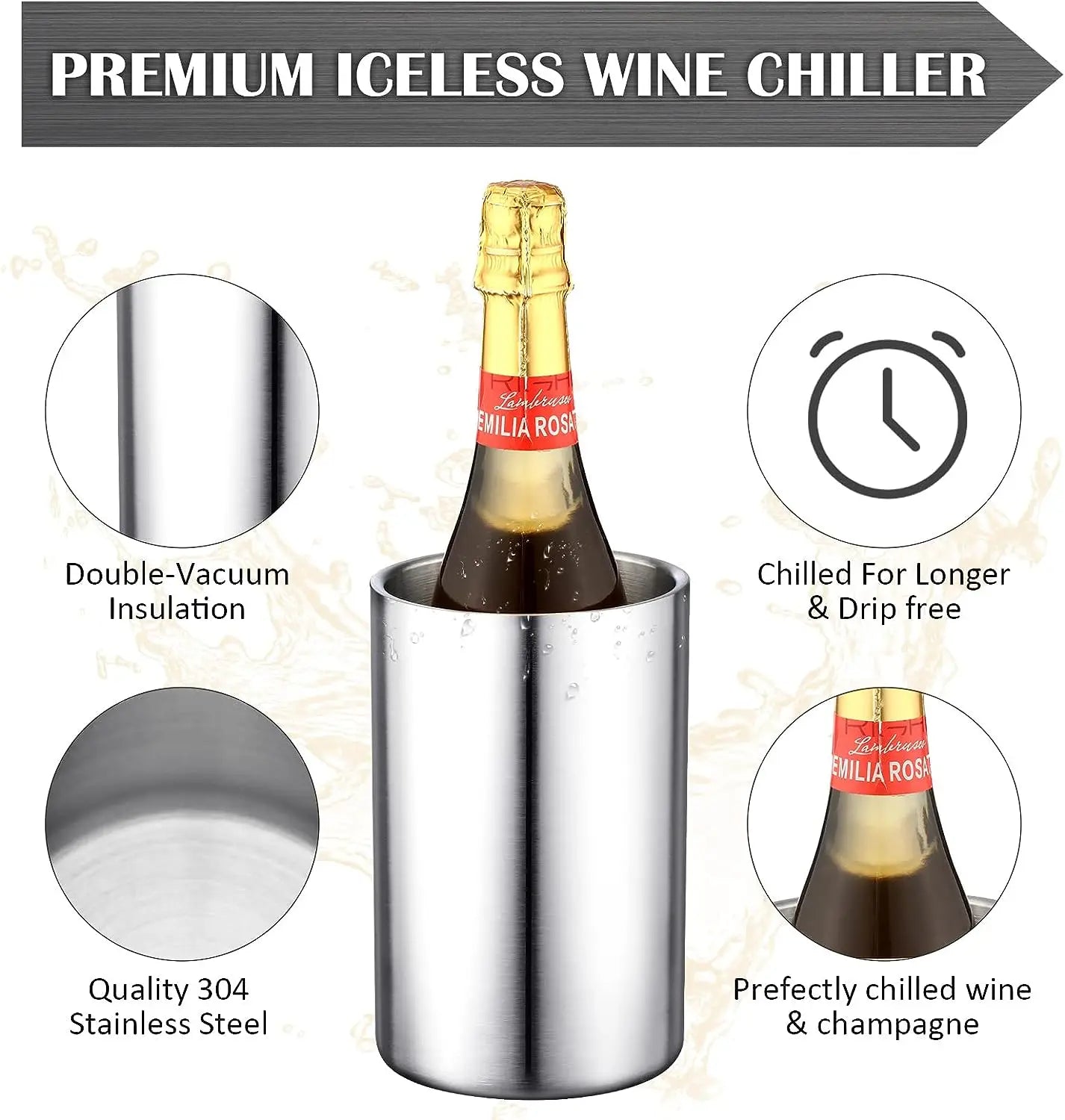Premium Wine Champagne Bottle Cooling Stainless Steel Iceless Insulated Double Walled White Wine Cooler Buckets