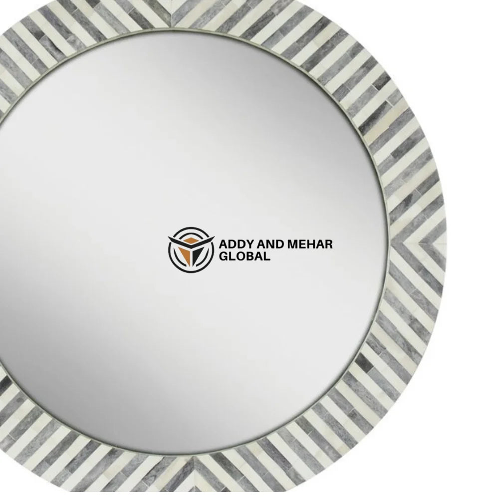 Luxury Art Deco Round Black & White Mother Pearl Inlay Eco-Friendly Wedding Mirror Handcrafted Shell Frame for Modern Interiors