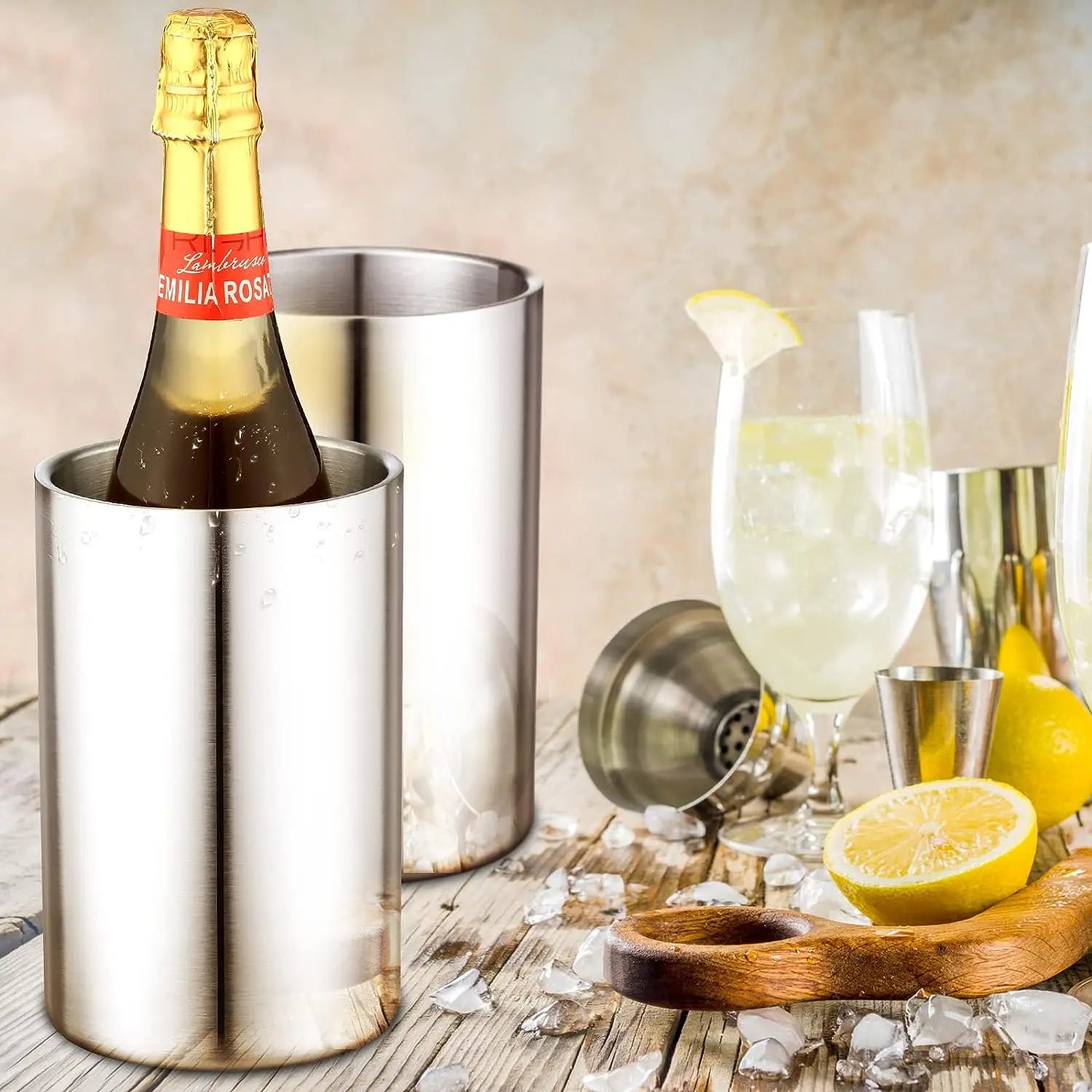 Premium Wine Champagne Bottle Cooling Stainless Steel Iceless Insulated Double Walled White Wine Cooler Buckets