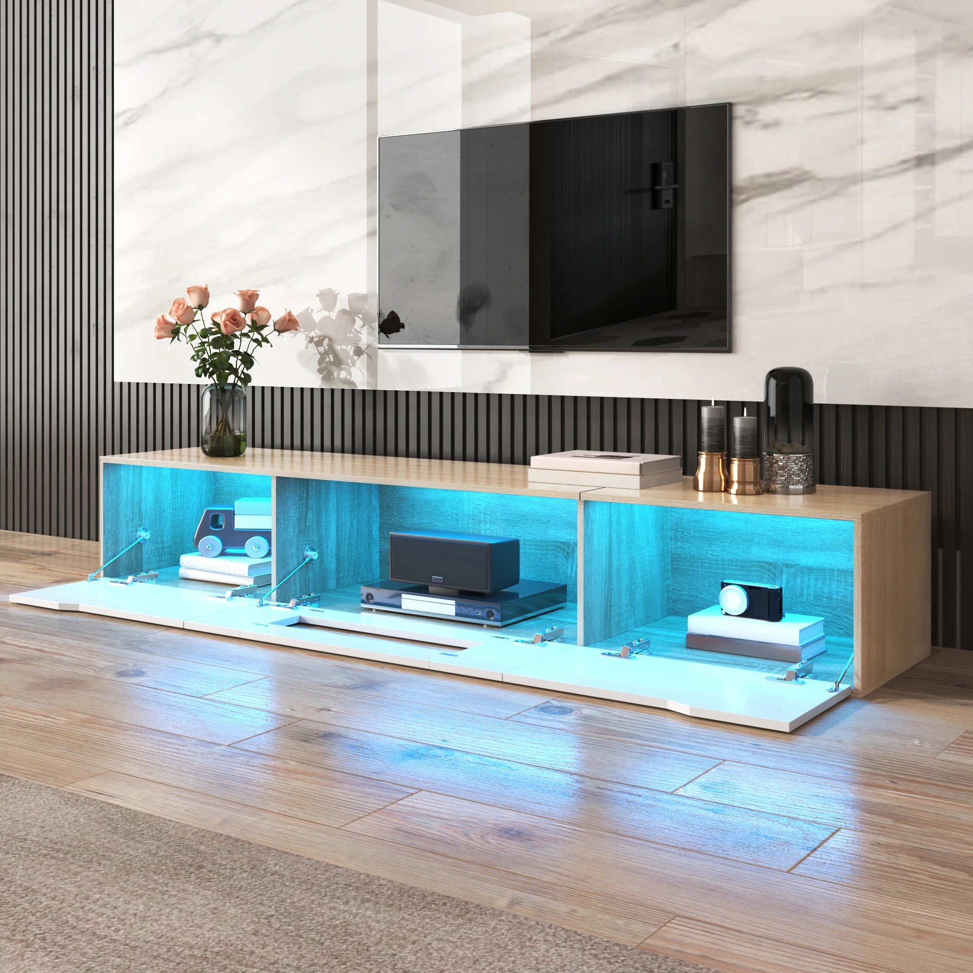 High-Gloss TV Cabinet 180×35×30cm with Color-Changing LED Lighting, Wall-Mountable TV Storage Unit for Modern Living Rooms