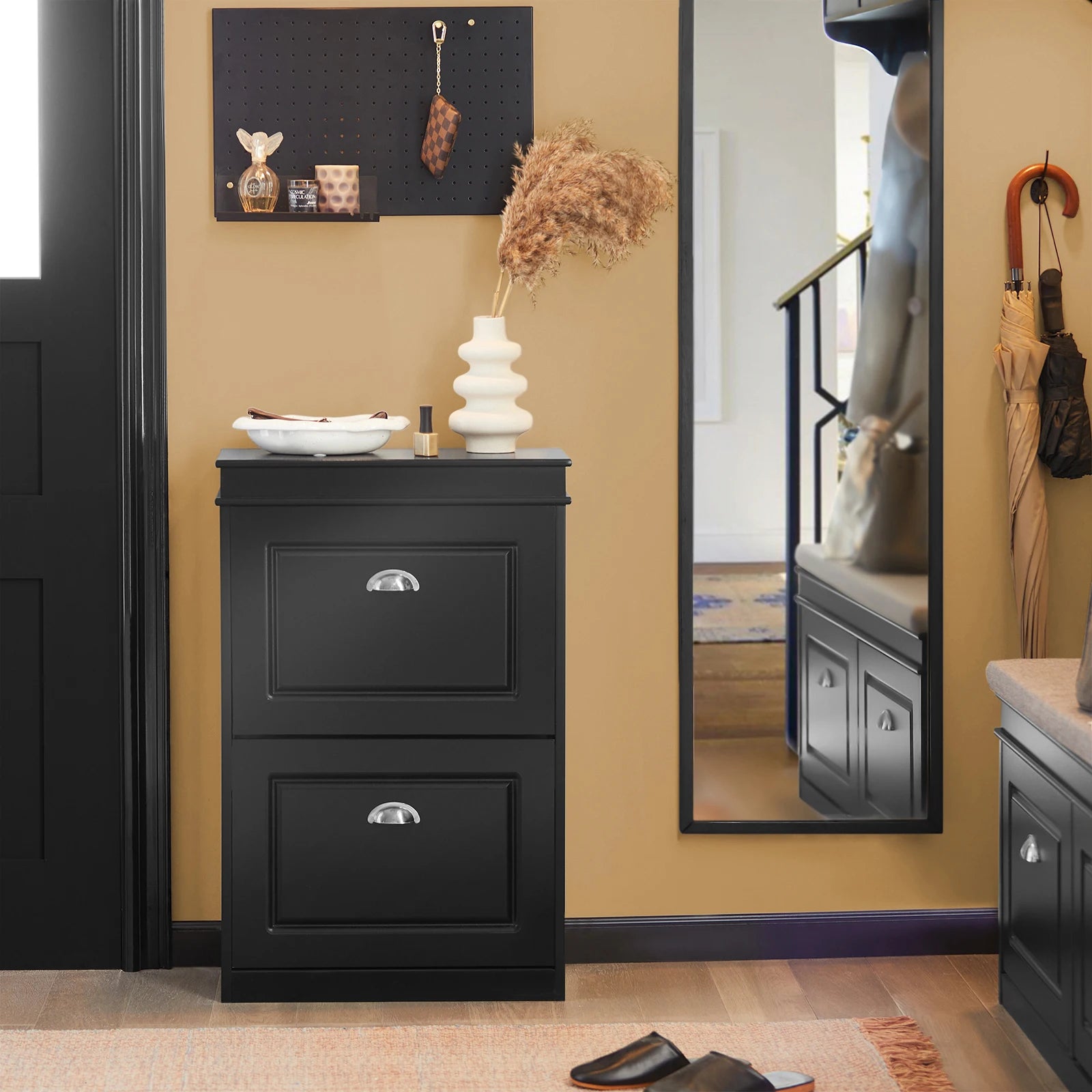 SoBuy FSR78 Shoe dump truck Shoe cabinet with 2 flap shoe rack with 4 shelf surfaces Shoe chest of drawers Shoe shelf