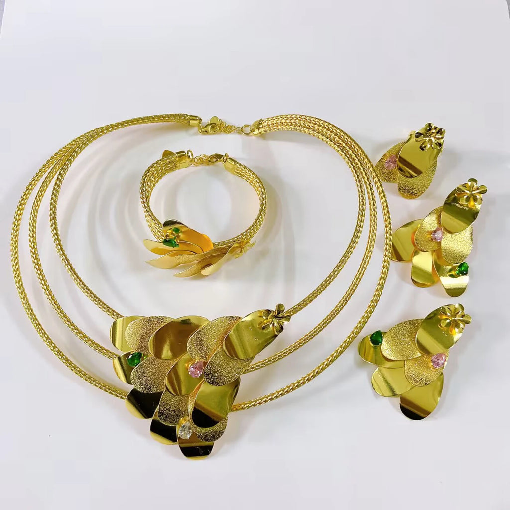 Fancy Scale Shape Flower Jewelry Set with Colorful Stone Choker Collar Brazalete Aretes Anillo 4PC Jewels Set for New Year Gift