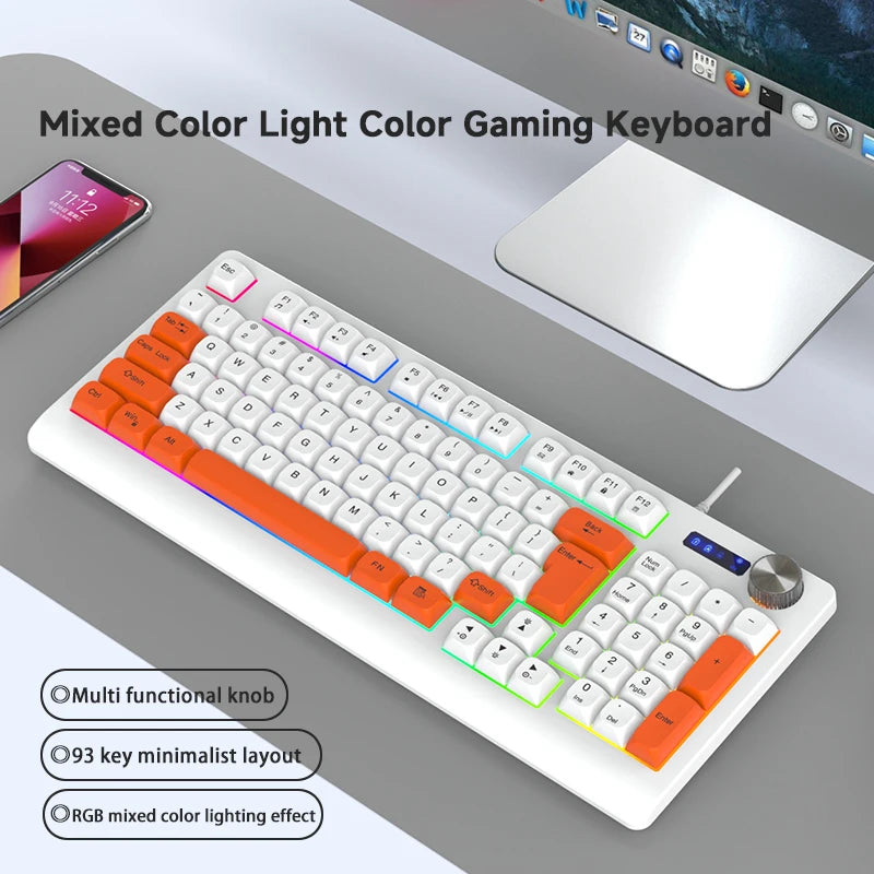 K93 New Wired Membrane RGB LED 93 Keys Mechanical USB Type C Projection Ergonomic ABS Gaming Keyboard