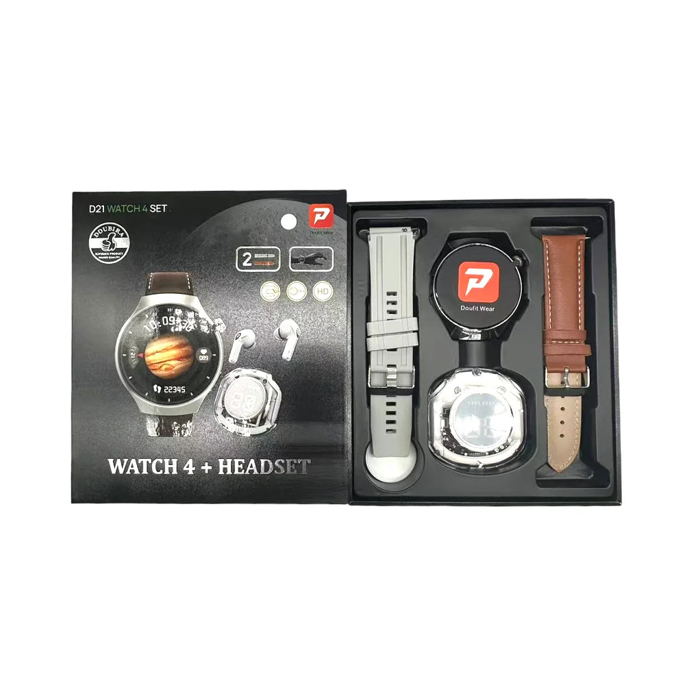 2024 D21 Women Relojes Smart Watch 4 Headphone 2 in 1 Set Double Strap BT Call Heart Rate Sport Smart Watch with Earbud