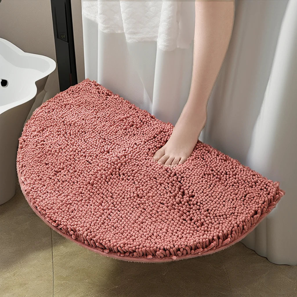 Ultra-Soft Thick Chenille Half Moon Bath Mat | Solid Color Polyester Carpet | Washable Non-Slip PET Friendly Hotel Home Use