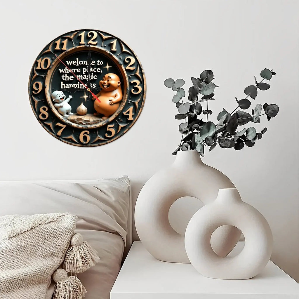 10-Inch Wood Wall Clock for a Writer with a Quill Pen and Inkwell