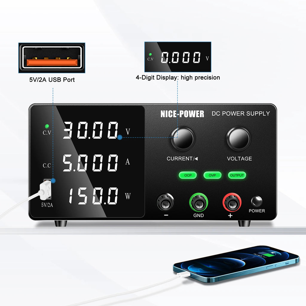 NICE-POWER Factory New 30V 5A Battery Charger Repair Encoder DC Lab Variable Power Supply USB for Moto Lead Acid Lithium Lifepo