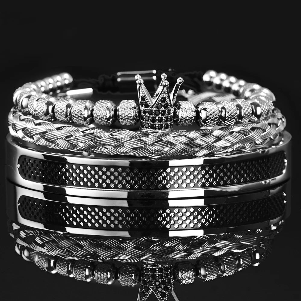 Luxury Set  Handmade Men Crown Bracelets Contrast Colour Bangles Hemp Rope Buckle Open Stainless Steel Micro Pave CZ Jewelry