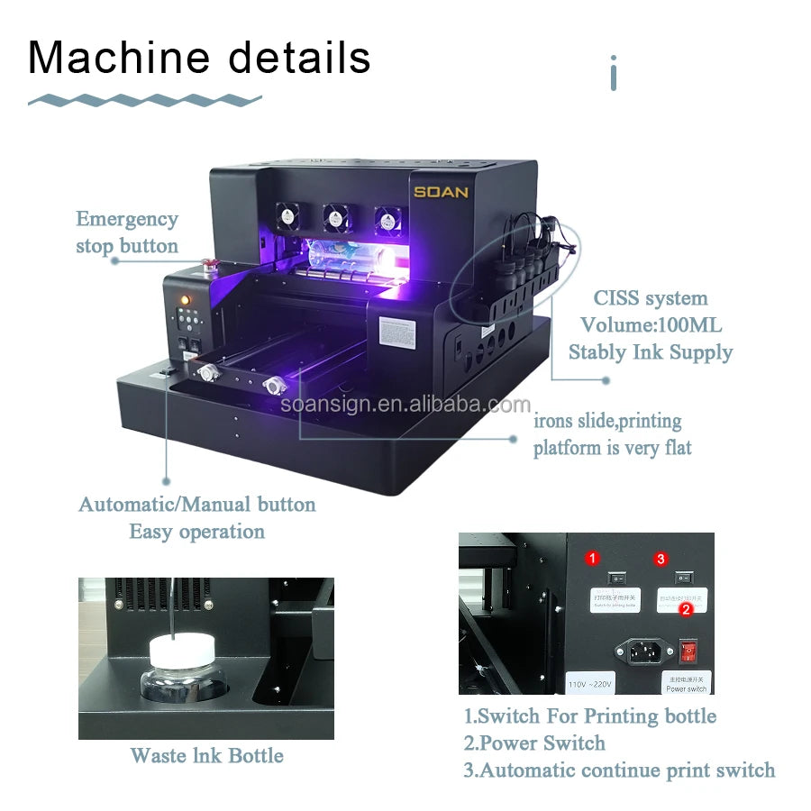 Soan Hot Sales A3 UV DTF Printing Machine  Flatbed UV Dtf Printer for Phone case Mug Bottle Glass Wood Metal Acrylic