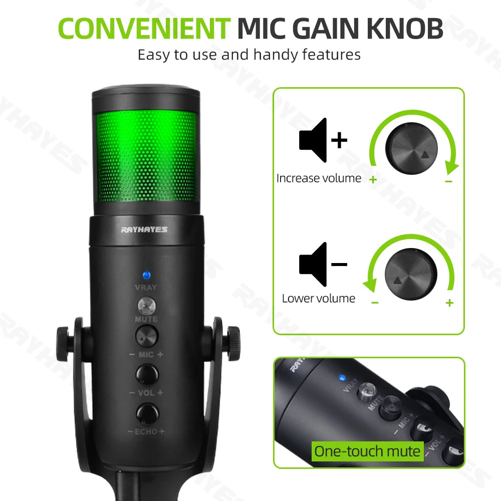 RAYHAYES JI-M90 RGB USB Microphone Condenser Gaming Mic for PC Phone Online Teaching Meeting Livestreaming