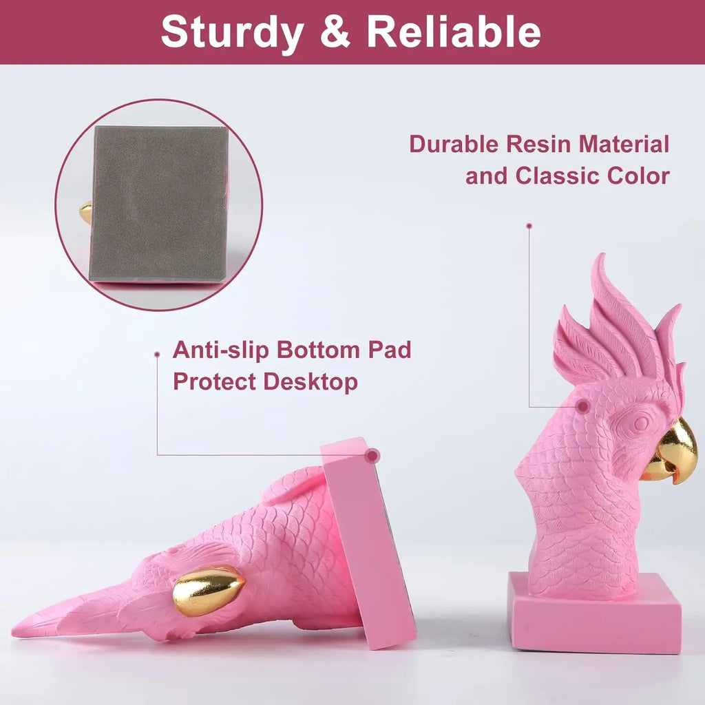 Pink Parrot Decorative Bookends Set of 2 Cute Bird Animal Sculpture Book Ends Resin Statues Book Stopper for Home Decor