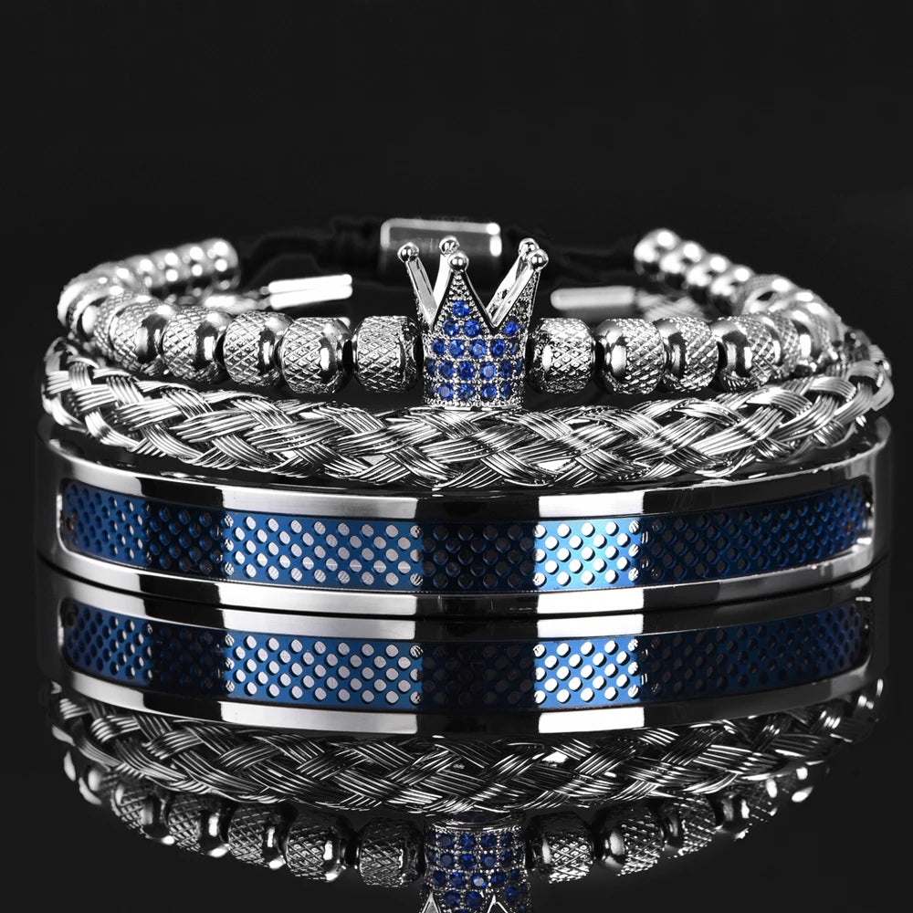 Luxury Set  Handmade Men Crown Bracelets Contrast Colour Bangles Hemp Rope Buckle Open Stainless Steel Micro Pave CZ Jewelry