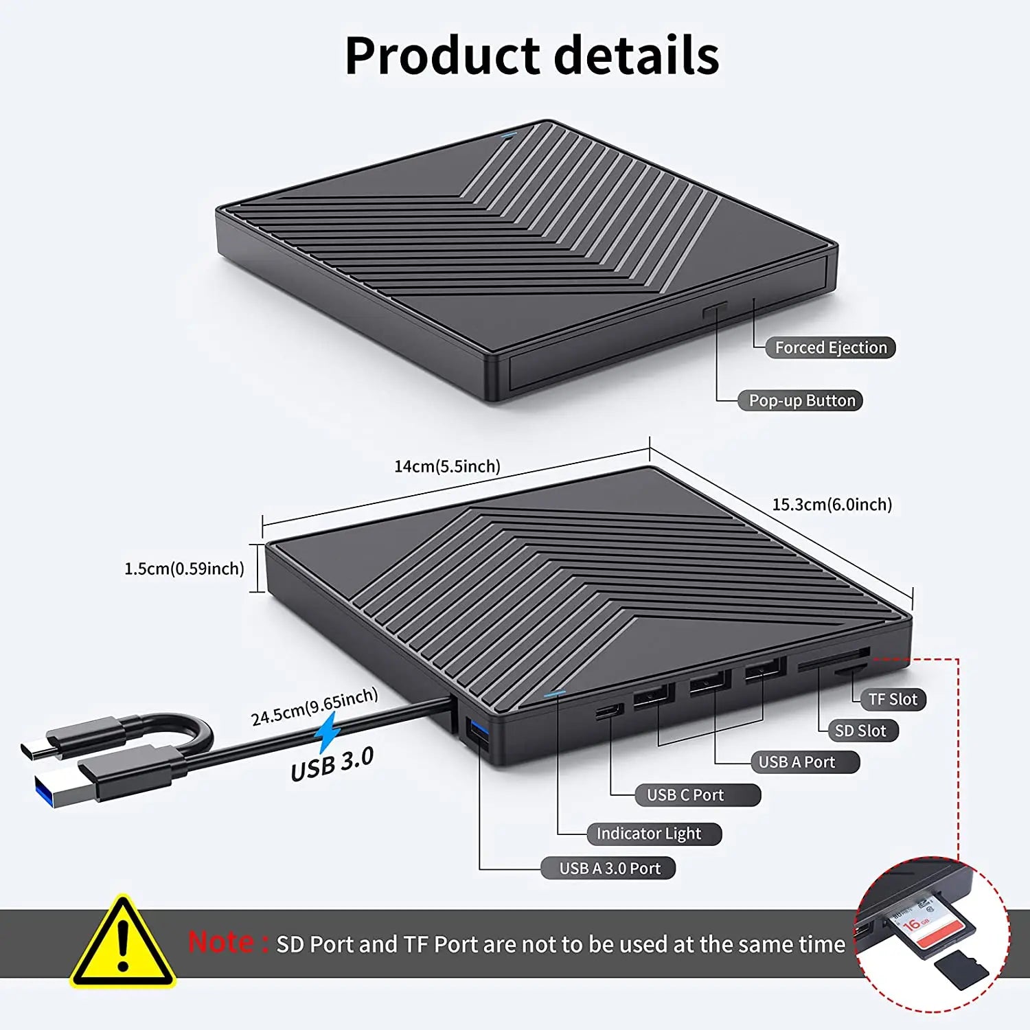 USB 3.0 Type C External CD DVD Drive with USB HUB Type-C SD Card Reader, CD DVD RW ROM Disk Player Burner Reader Writer Adapter