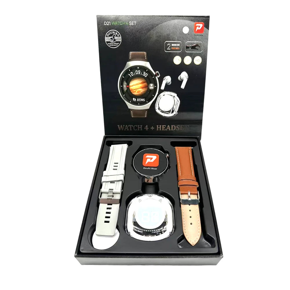 2024 D21 Women Relojes Smart Watch 4 Headphone 2 in 1 Set Double Strap BT Call Heart Rate Sport Smart Watch with Earbud