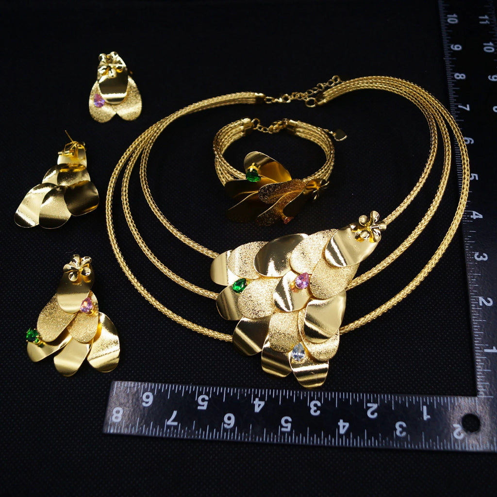 Fancy Scale Shape Flower Jewelry Set with Colorful Stone Choker Collar Brazalete Aretes Anillo 4PC Jewels Set for New Year Gift