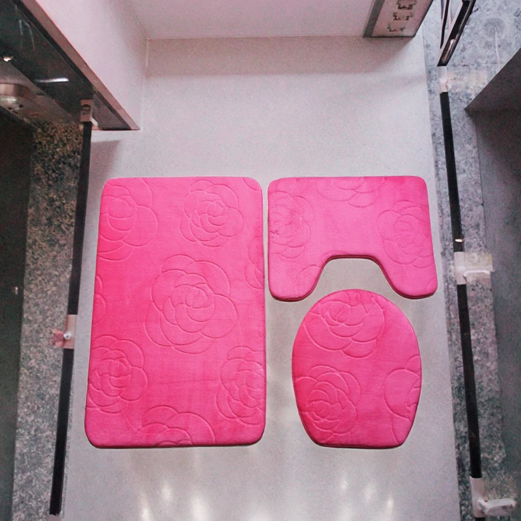 Modern Flannel Embossed 1-Piece Bathroom Mat Set Toilet Rug Lid Cover Contour Design Water Absorbent Non-Slip Backing Home Hotel