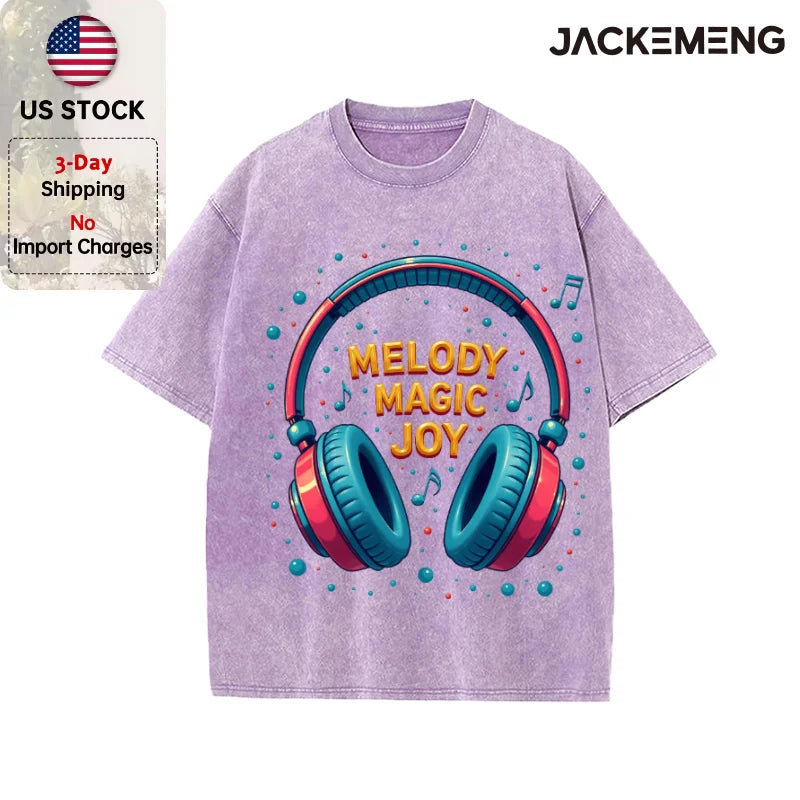 Oversized Vintage Retro Bubble Music Headphone Streetwear Print Tshirt USA Stock Wholesale Y2K Casual Tee