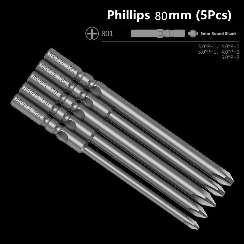 BROPPE 801 Phillips Electric Screwdriver Bit S2 Alloy Steel 5mm Round Shank Strong Magnetic Cross Screwdriver Bit