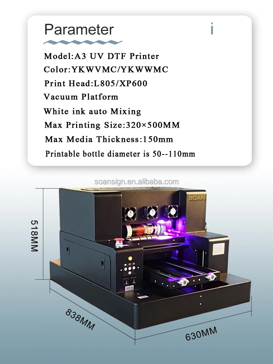 Soan Hot Sales A3 UV DTF Printing Machine  Flatbed UV Dtf Printer for Phone case Mug Bottle Glass Wood Metal Acrylic