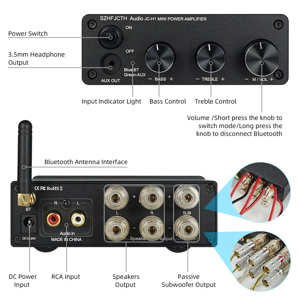 SZHFJCTH Audio JC-H1 Bluetooth 5.0 Stereo Audio Amplifier 2.0 Channel Receiver Class D  Integrated Digital Amp