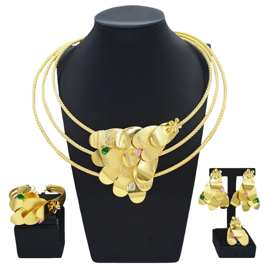 Fancy Scale Shape Flower Jewelry Set with Colorful Stone Choker Collar Brazalete Aretes Anillo 4PC Jewels Set for New Year Gift