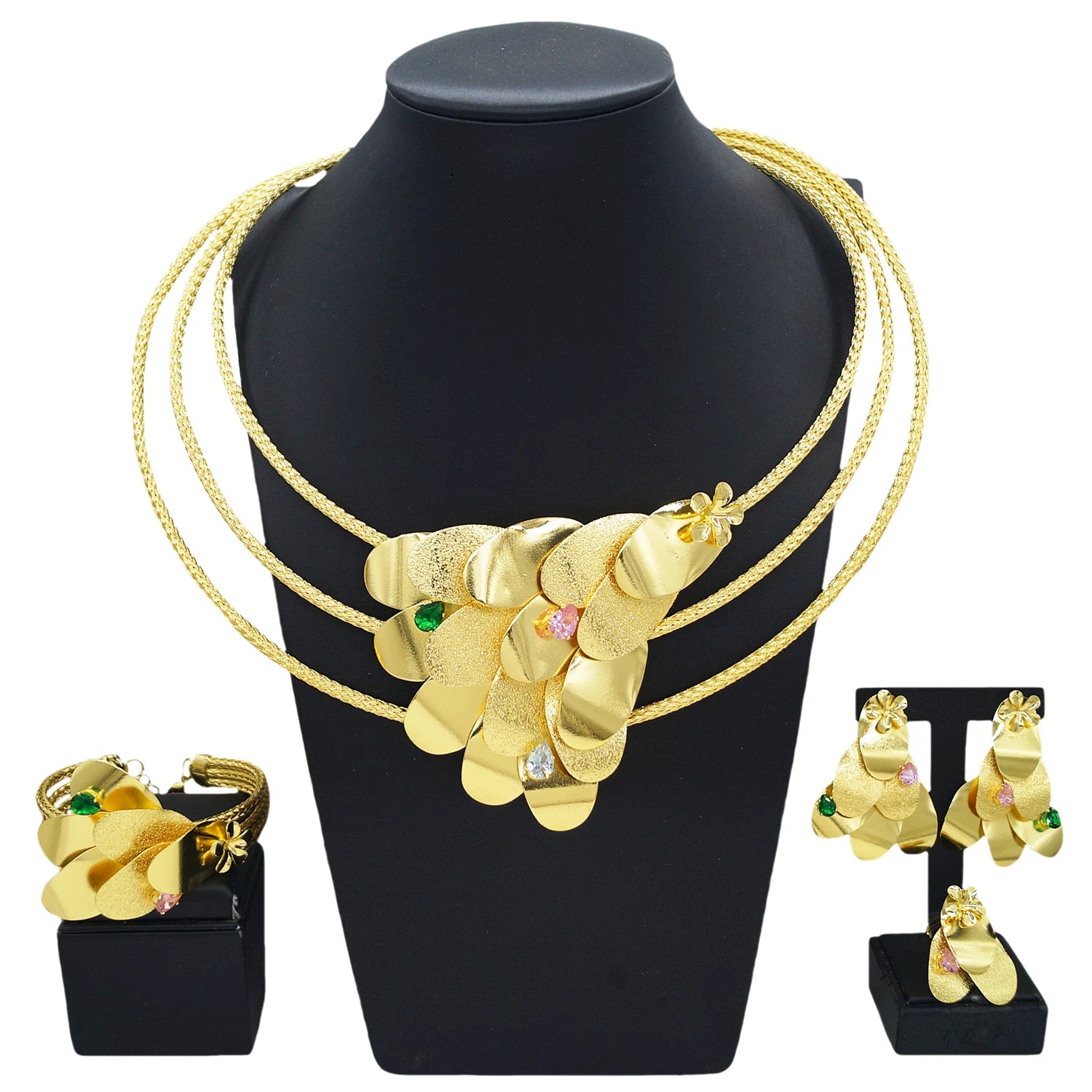 Fancy Scale Shape Flower Jewelry Set with Colorful Stone Choker Collar Brazalete Aretes Anillo 4PC Jewels Set for New Year Gift