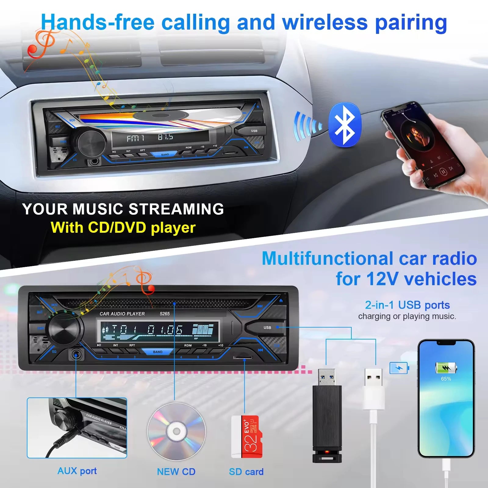 MP3 Player USB/TF Card Reader CD FM Radio High Fidelity Four-Channel Output for Car Bluetooth Hands-Free WAV APE USB