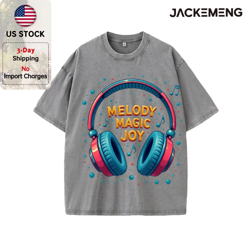Oversized Vintage Retro Bubble Music Headphone Streetwear Print Tshirt USA Stock Wholesale Y2K Casual Tee