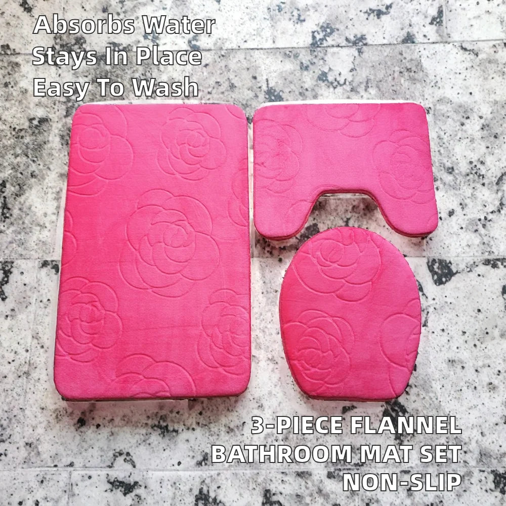 Modern Flannel Embossed 1-Piece Bathroom Mat Set Toilet Rug Lid Cover Contour Design Water Absorbent Non-Slip Backing Home Hotel
