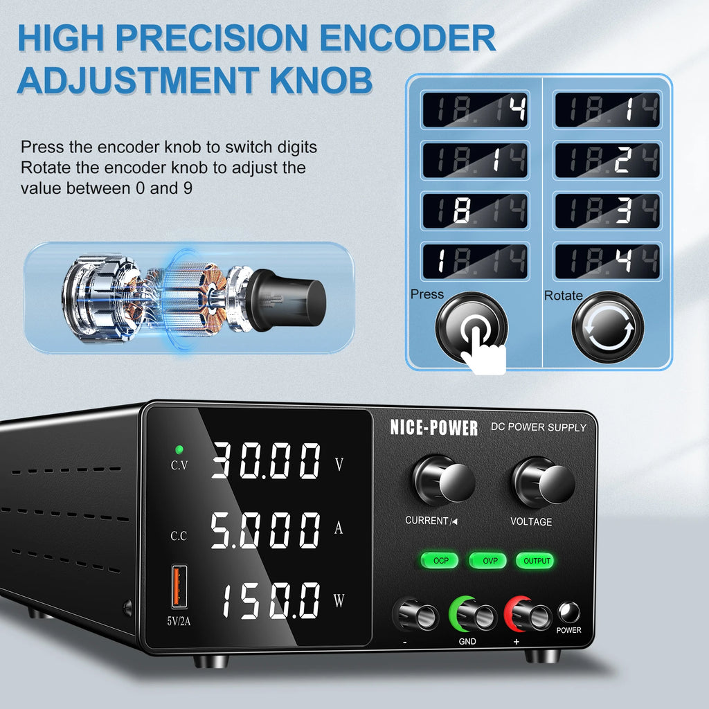 NICE-POWER Factory New 30V 5A Battery Charger Repair Encoder DC Lab Variable Power Supply USB for Moto Lead Acid Lithium Lifepo