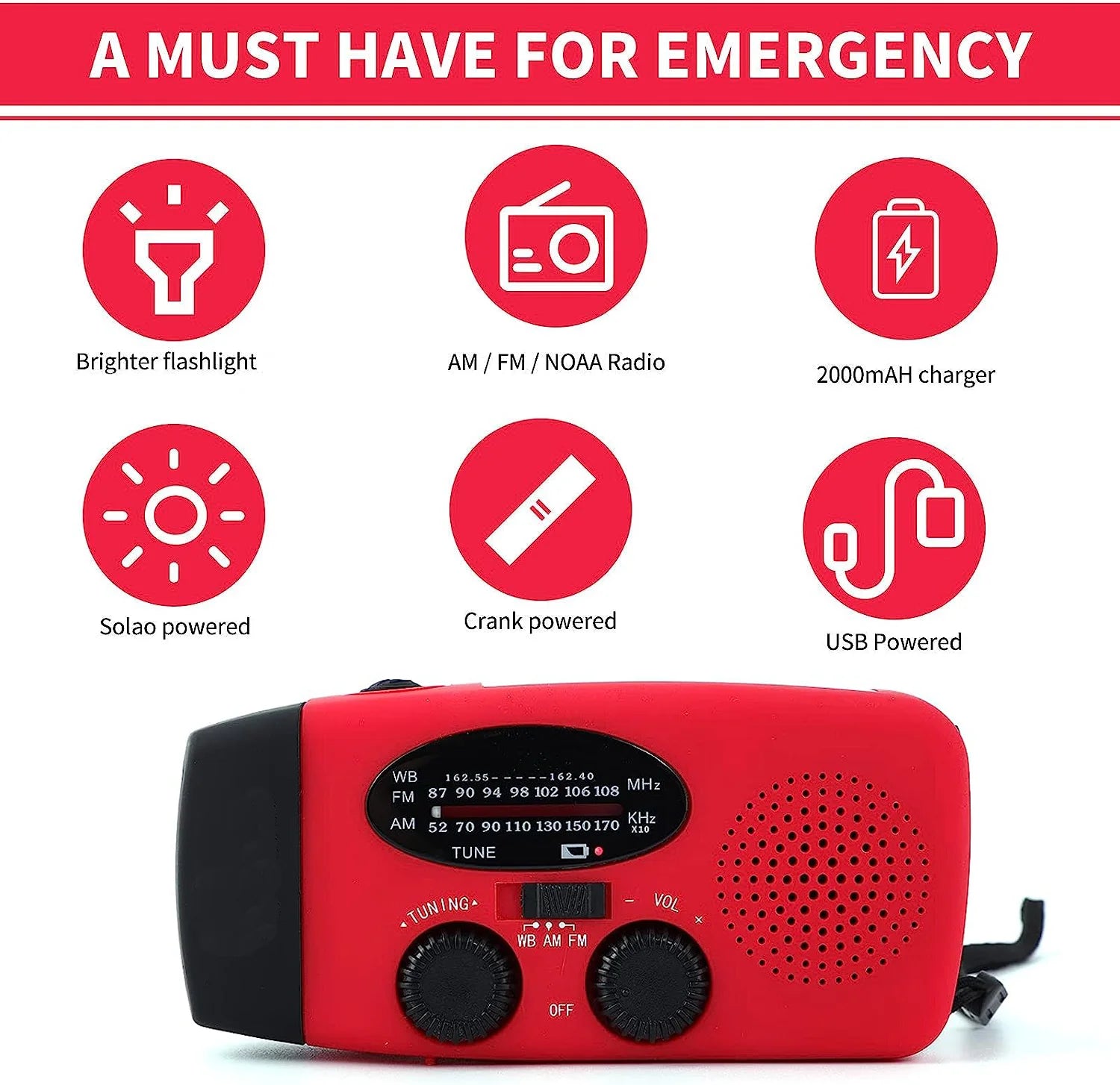 Multifunctional Waterproof Emergency Power USB Charger Solar Hand Crank Dynamo Portable AM/FM Radio 2000mAh Lithium-ion Battery