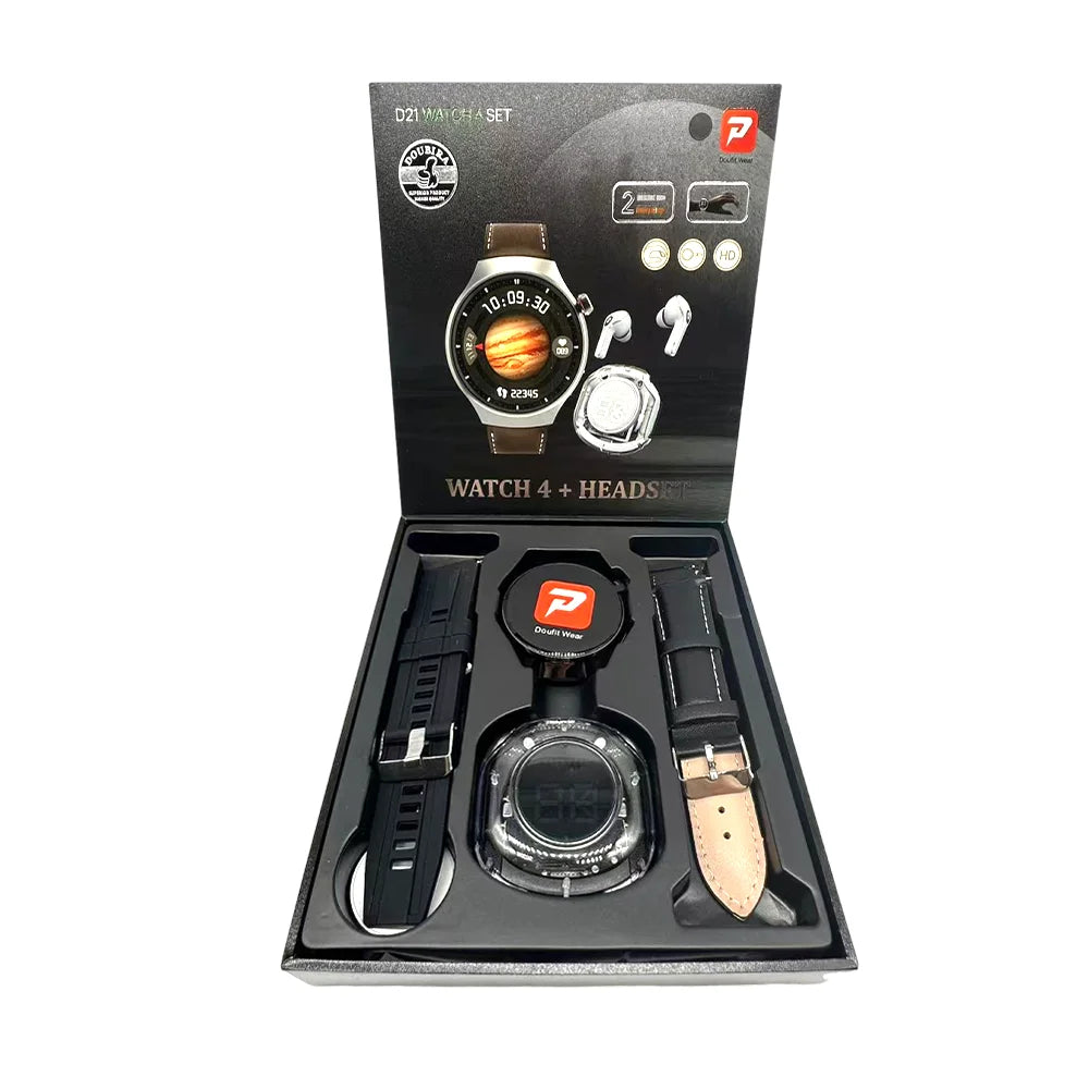 2024 D21 Women Relojes Smart Watch 4 Headphone 2 in 1 Set Double Strap BT Call Heart Rate Sport Smart Watch with Earbud