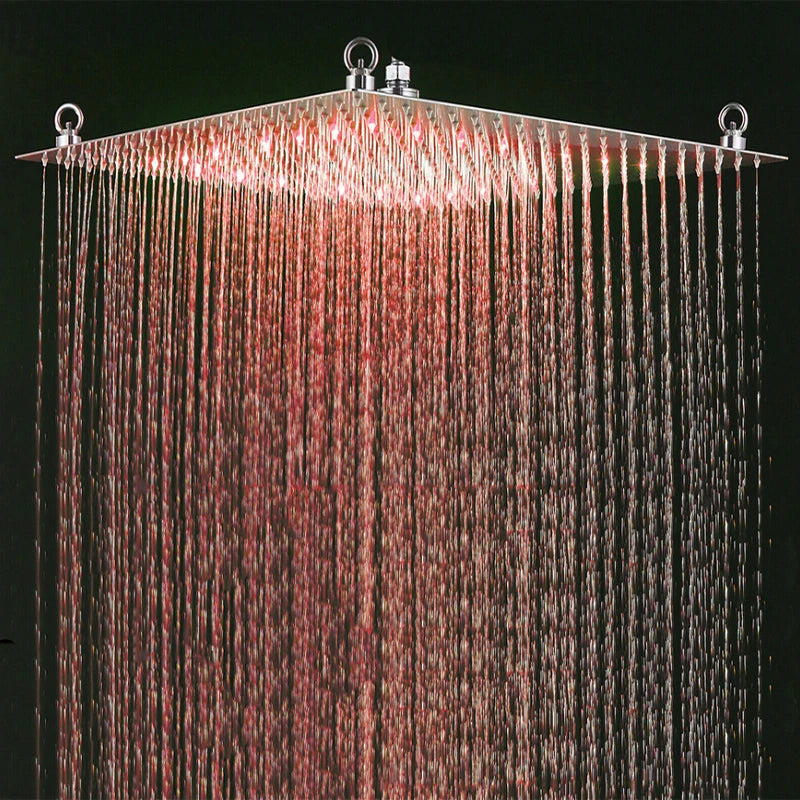 Black Rainfall Shower Head LED Light 20‘’ Large Rainfall Shower Faucet Head Square Brass Showerhead Color Changing Head